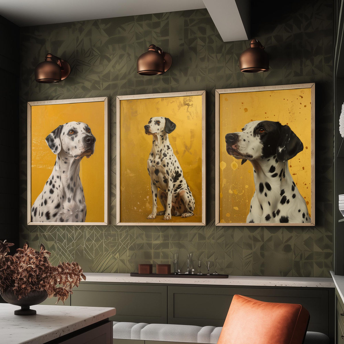 Dalmatian Set of Three Art Prints - 3 Dog Portrait Posters - Golden Yellow Oil Painting Style Wall Art Gift Pet Decor