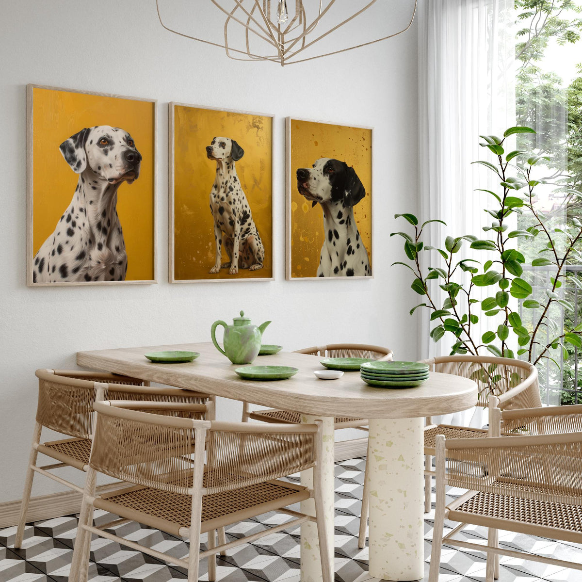 Dalmatian Set of Three Art Prints - 3 Dog Portrait Posters - Golden Yellow Oil Painting Style Wall Art Gift Pet Decor