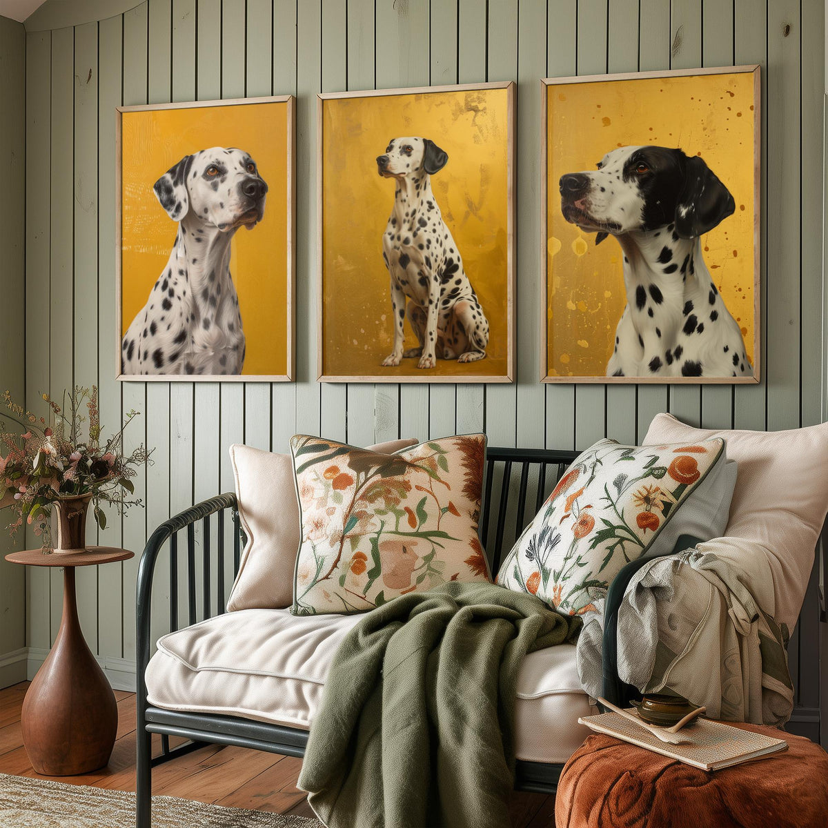 Dalmatian Set of Three Art Prints - 3 Dog Portrait Posters - Golden Yellow Oil Painting Style Wall Art Gift Pet Decor