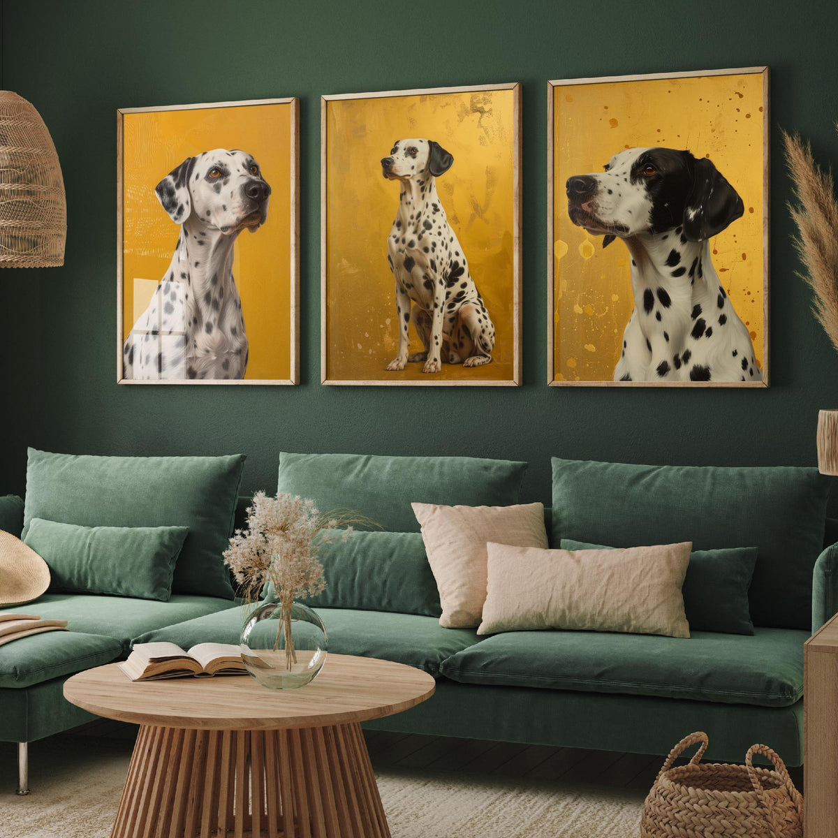 Dalmatian Set of Three Art Prints - 3 Dog Portrait Posters - Golden Yellow Oil Painting Style Wall Art Gift Pet Decor