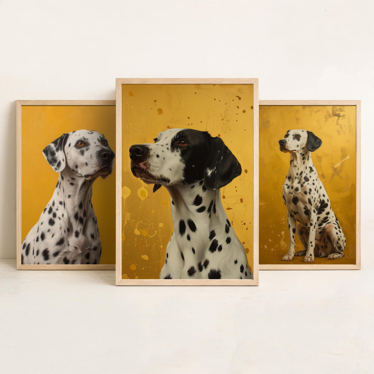 Dalmatian Set of Three Art Prints - 3 Dog Portrait Posters - Golden Yellow Oil Painting Style Wall Art Gift Pet Decor