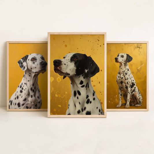 Dalmatian Set of Three Art Prints - 3 Dog Portrait Posters - Golden Yellow Oil Painting Style Wall Art Gift Pet Decor