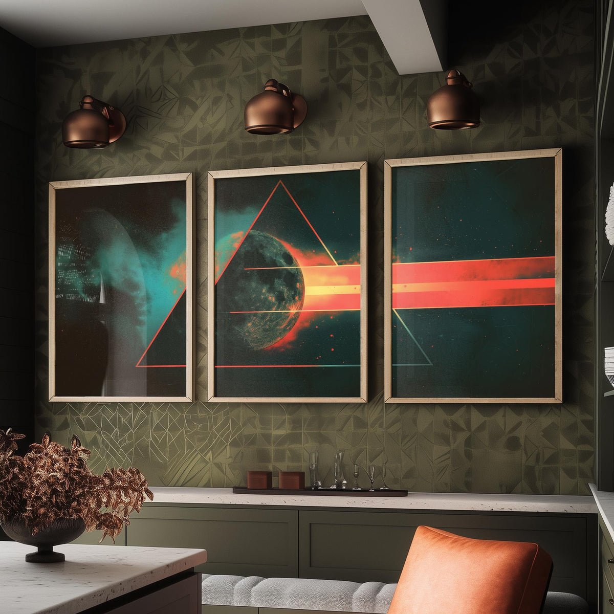 Prism Moon Set of Three Art Prints - 3 Cosmic Triptych Posters - Retro Rainbow Spectrum Space Wall Art Gift Illustration