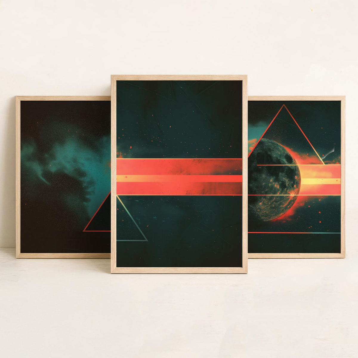 Prism Moon Set of Three Art Prints - 3 Cosmic Triptych Posters - Retro Rainbow Spectrum Space Wall Art Gift Illustration