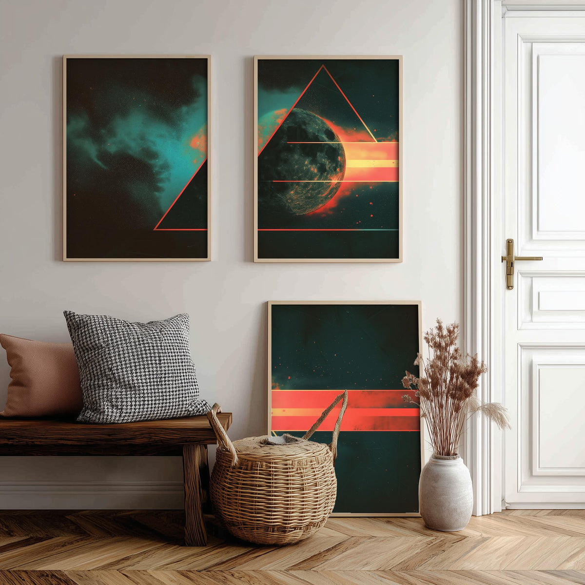 Prism Moon Set of Three Art Prints - 3 Cosmic Triptych Posters - Retro Rainbow Spectrum Space Wall Art Gift Illustration