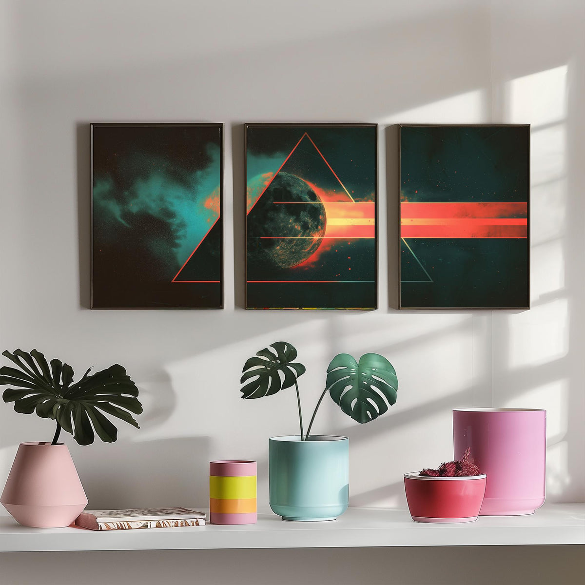 Prism Moon Set of Three Art Prints - 3 Cosmic Triptych Posters - Retro Rainbow Spectrum Space Wall Art Gift Illustration