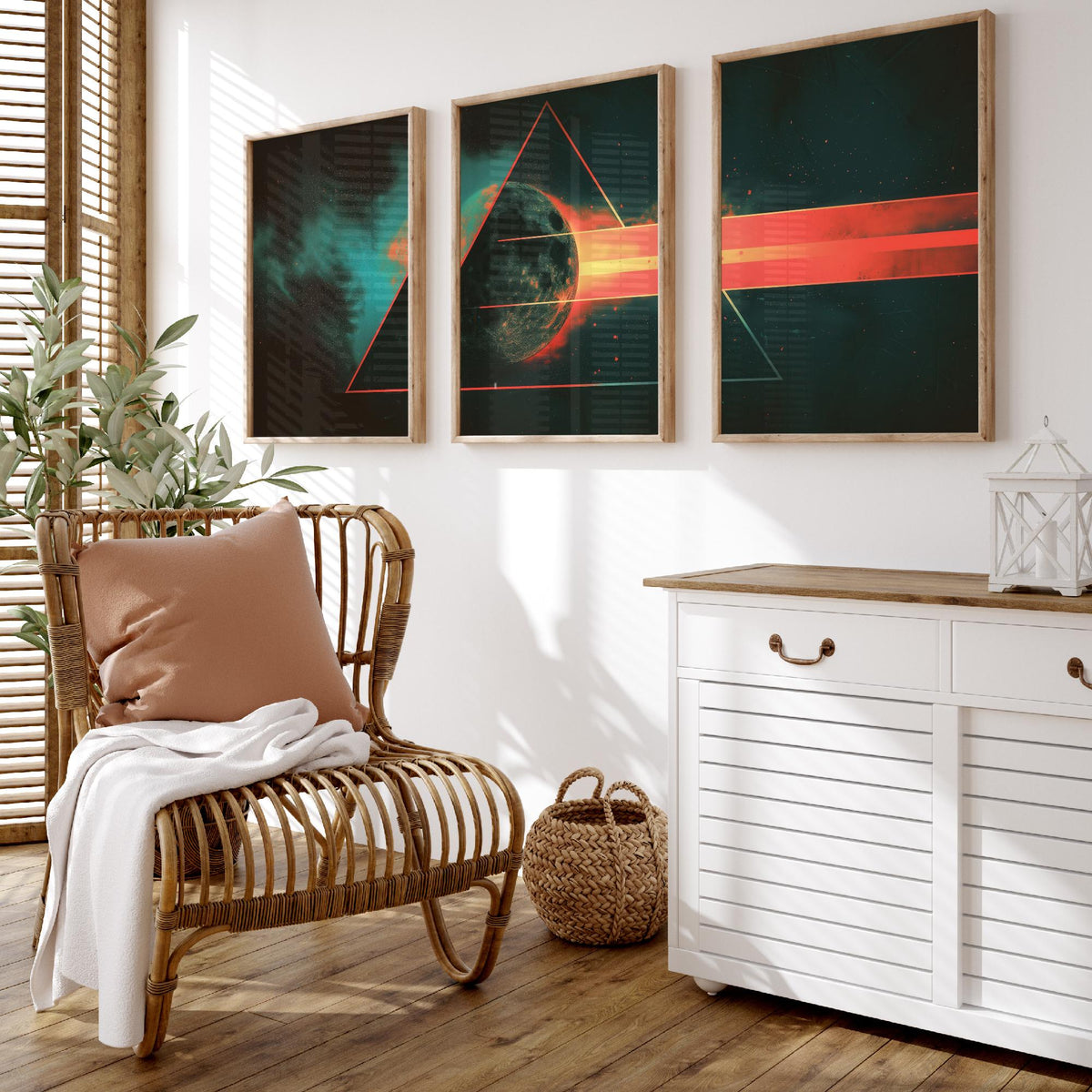 Prism Moon Set of Three Art Prints - 3 Cosmic Triptych Posters - Retro Rainbow Spectrum Space Wall Art Gift Illustration