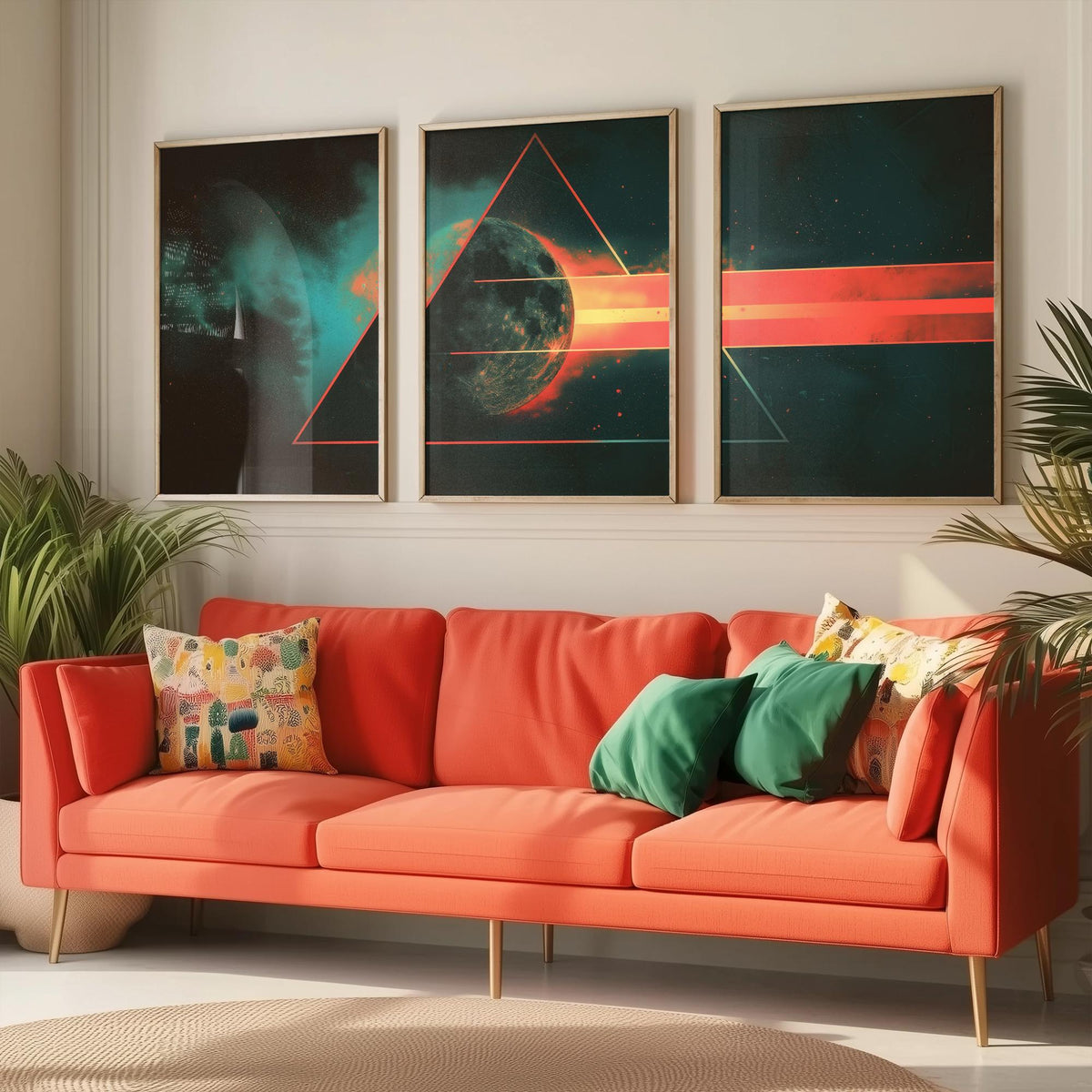 Prism Moon Set of Three Art Prints - 3 Cosmic Triptych Posters - Retro Rainbow Spectrum Space Wall Art Gift Illustration