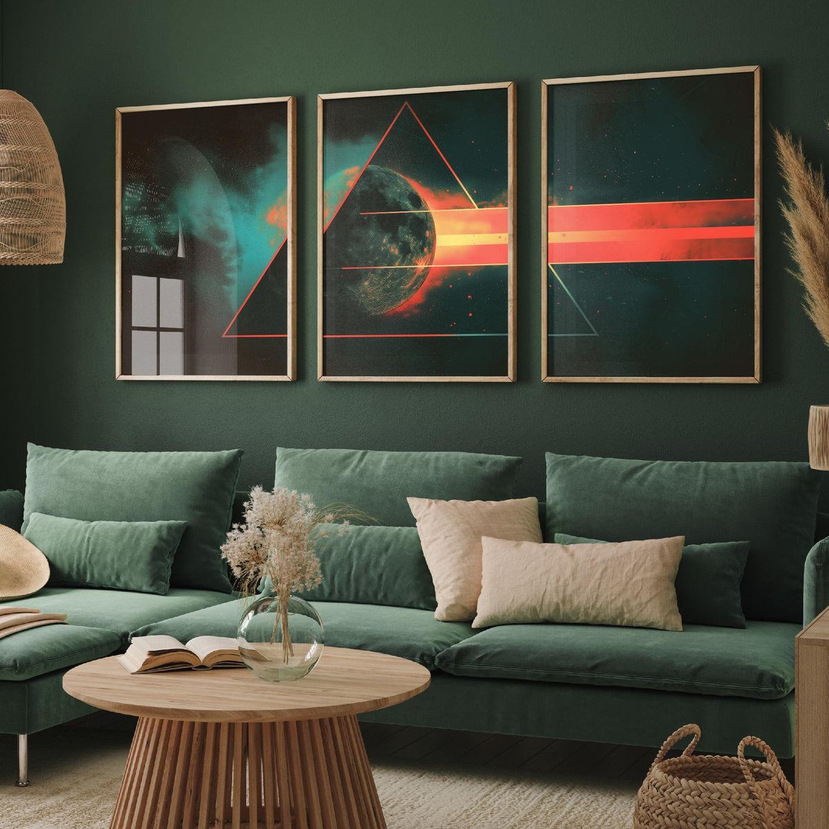 Prism Moon Set of Three Art Prints - 3 Cosmic Triptych Posters - Retro Rainbow Spectrum Space Wall Art Gift Illustration