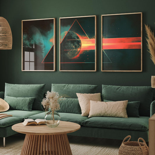 Prism Moon Set of Three Art Prints - 3 Cosmic Triptych Posters - Retro Rainbow Spectrum Space Wall Art Gift Illustration