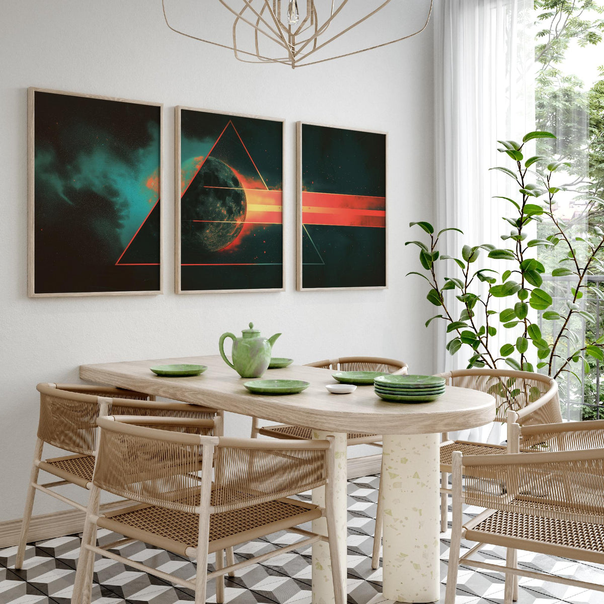 Prism Moon Set of Three Art Prints - 3 Cosmic Triptych Posters - Retro Rainbow Spectrum Space Wall Art Gift Illustration