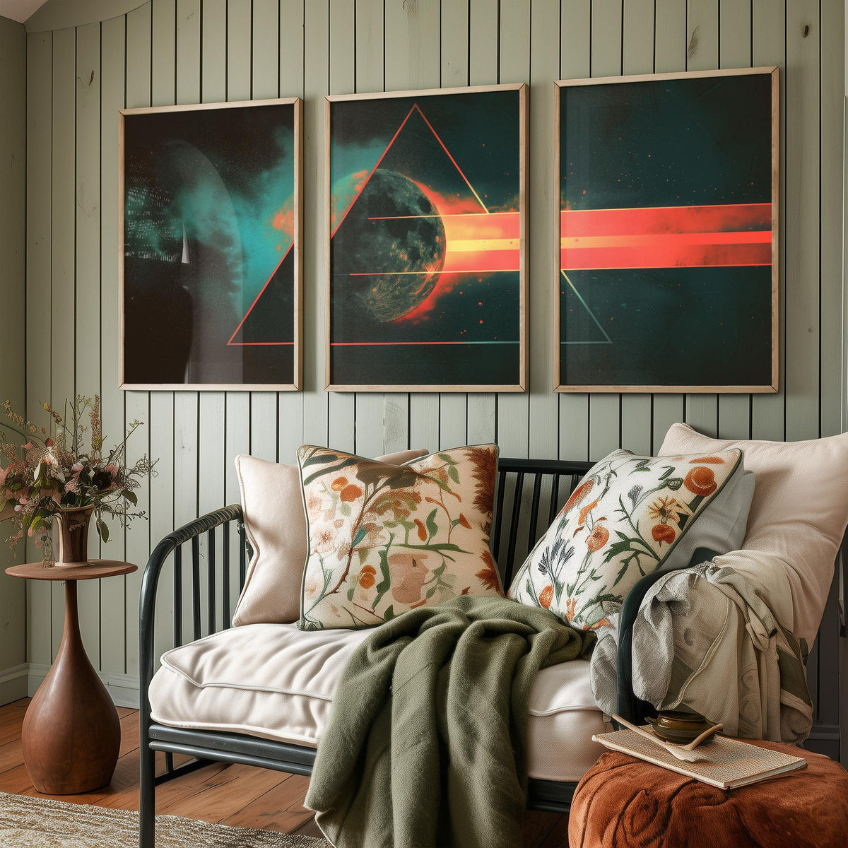 Prism Moon Set of Three Art Prints - 3 Cosmic Triptych Posters - Retro Rainbow Spectrum Space Wall Art Gift Illustration