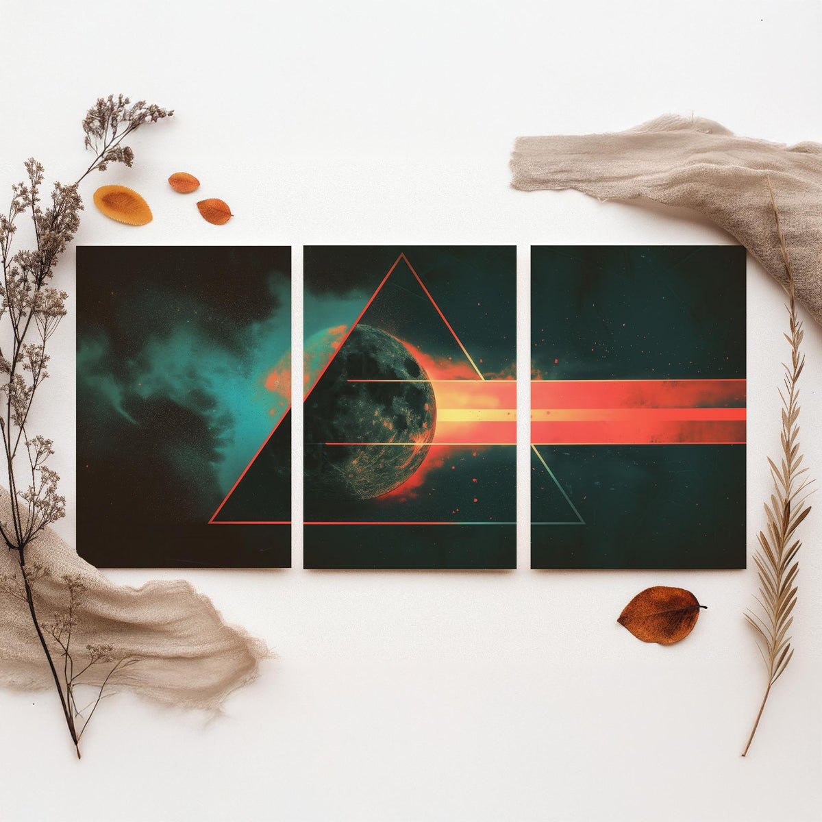 Prism Moon Set of Three Art Prints - 3 Cosmic Triptych Posters - Retro Rainbow Spectrum Space Wall Art Gift Illustration