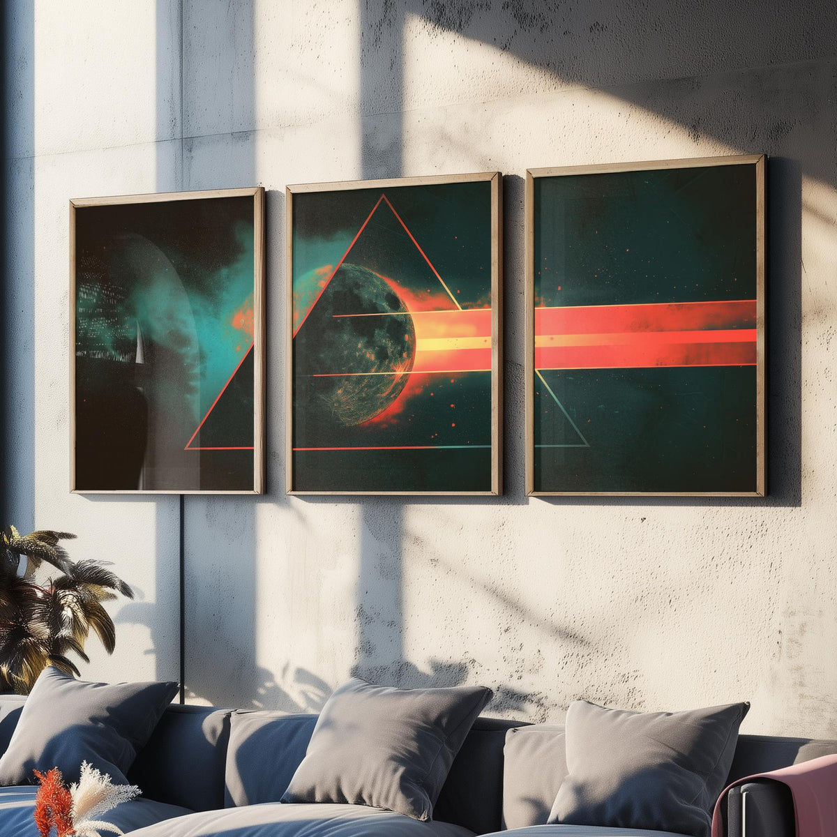 Prism Moon Set of Three Art Prints - 3 Cosmic Triptych Posters - Retro Rainbow Spectrum Space Wall Art Gift Illustration