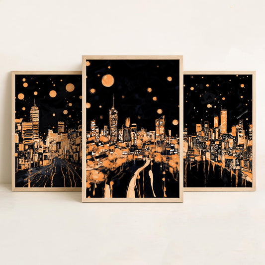 Wales City Set of Three Prints | Swansea Cardiff Wrexham | Dark Orange Night Skyline Wall Art Painting Poster