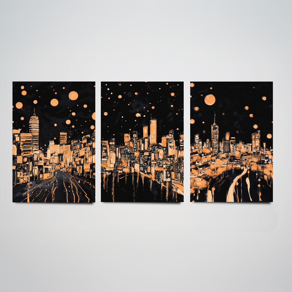 Wales City Set of Three Prints | Swansea Cardiff Wrexham | Dark Orange Night Skyline Wall Art Painting Poster