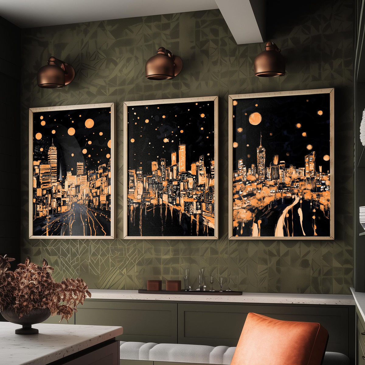 Wales City Set of Three Prints | Swansea Cardiff Wrexham | Dark Orange Night Skyline Wall Art Painting Poster