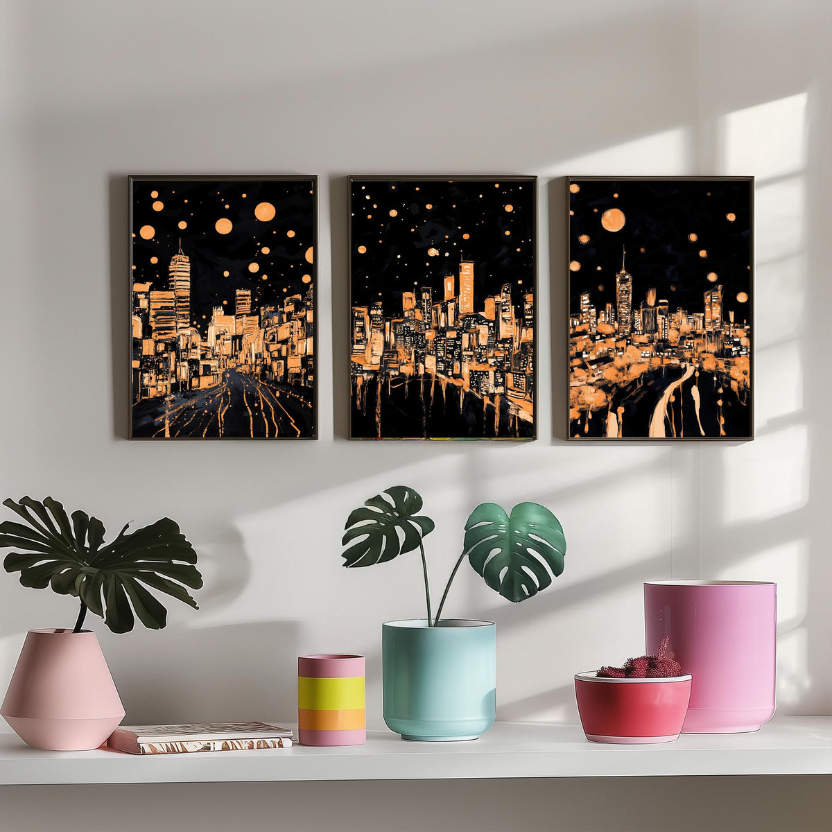 Wales City Set of Three Prints | Swansea Cardiff Wrexham | Dark Orange Night Skyline Wall Art Painting Poster