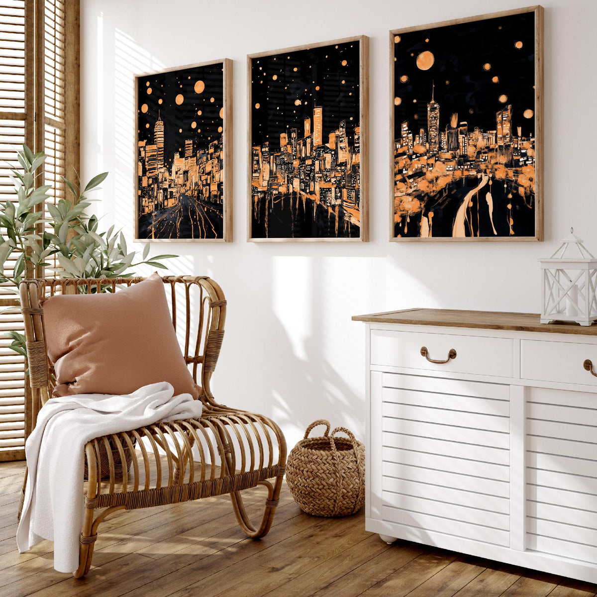 Wales City Set of Three Prints | Swansea Cardiff Wrexham | Dark Orange Night Skyline Wall Art Painting Poster