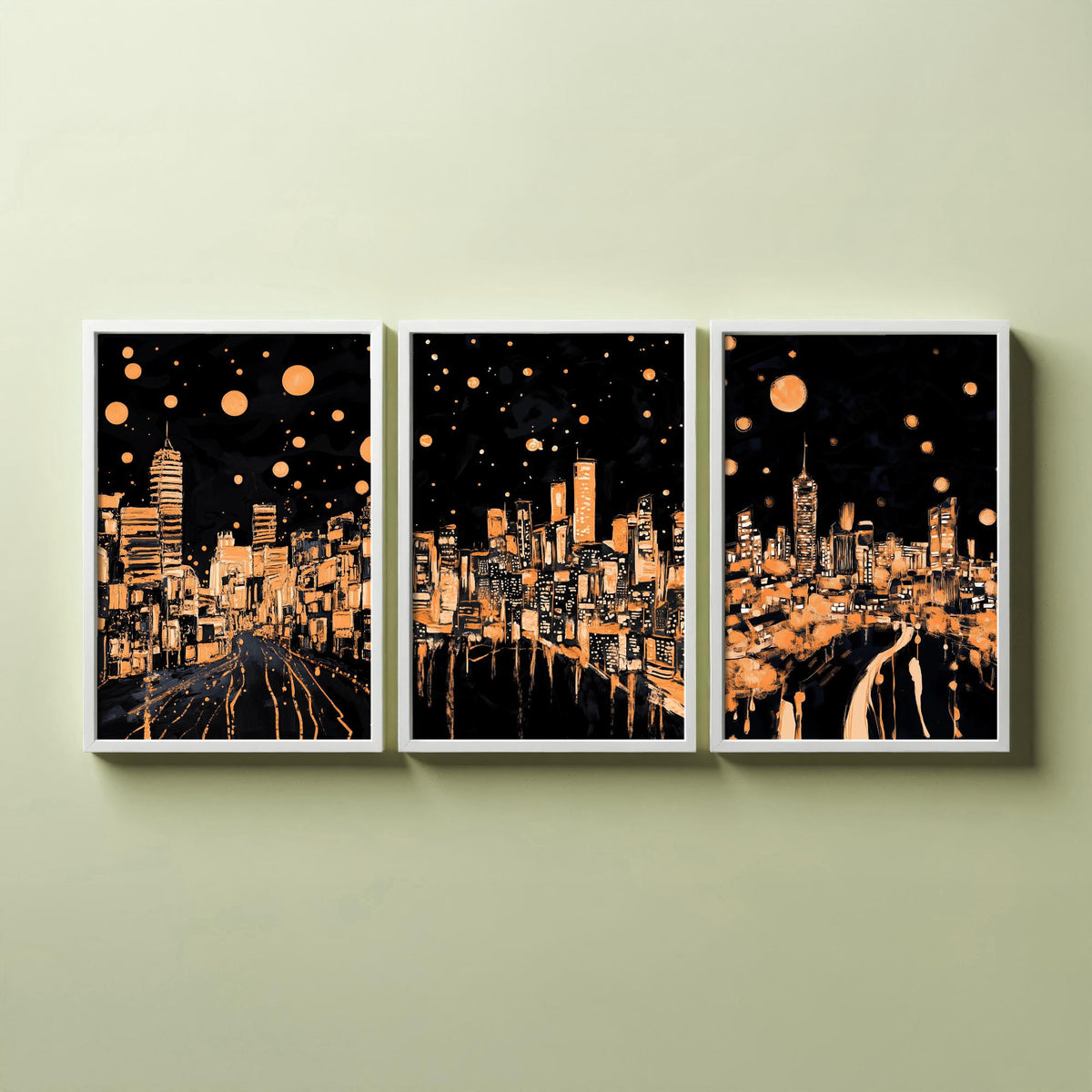 Wales City Set of Three Prints | Swansea Cardiff Wrexham | Dark Orange Night Skyline Wall Art Painting Poster