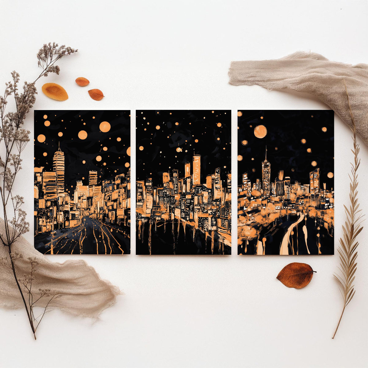 Wales City Set of Three Prints | Swansea Cardiff Wrexham | Dark Orange Night Skyline Wall Art Painting Poster