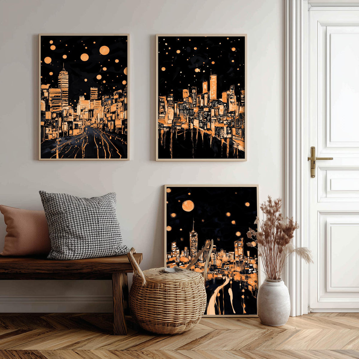 Wales City Set of Three Prints | Swansea Cardiff Wrexham | Dark Orange Night Skyline Wall Art Painting Poster