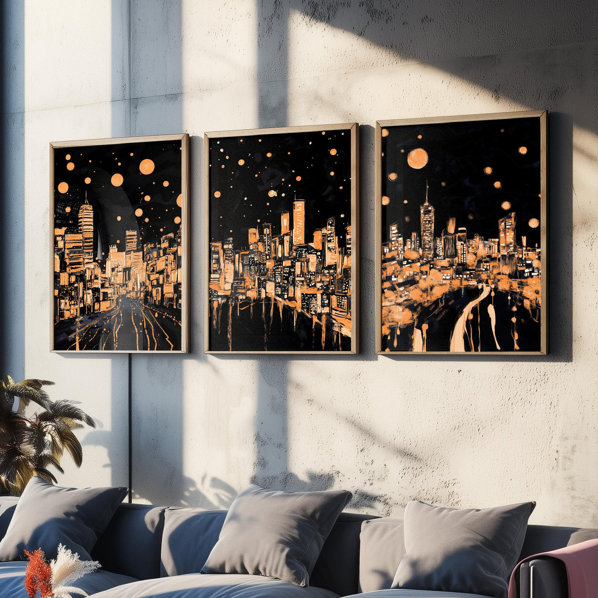 Wales City Set of Three Prints | Swansea Cardiff Wrexham | Dark Orange Night Skyline Wall Art Painting Poster