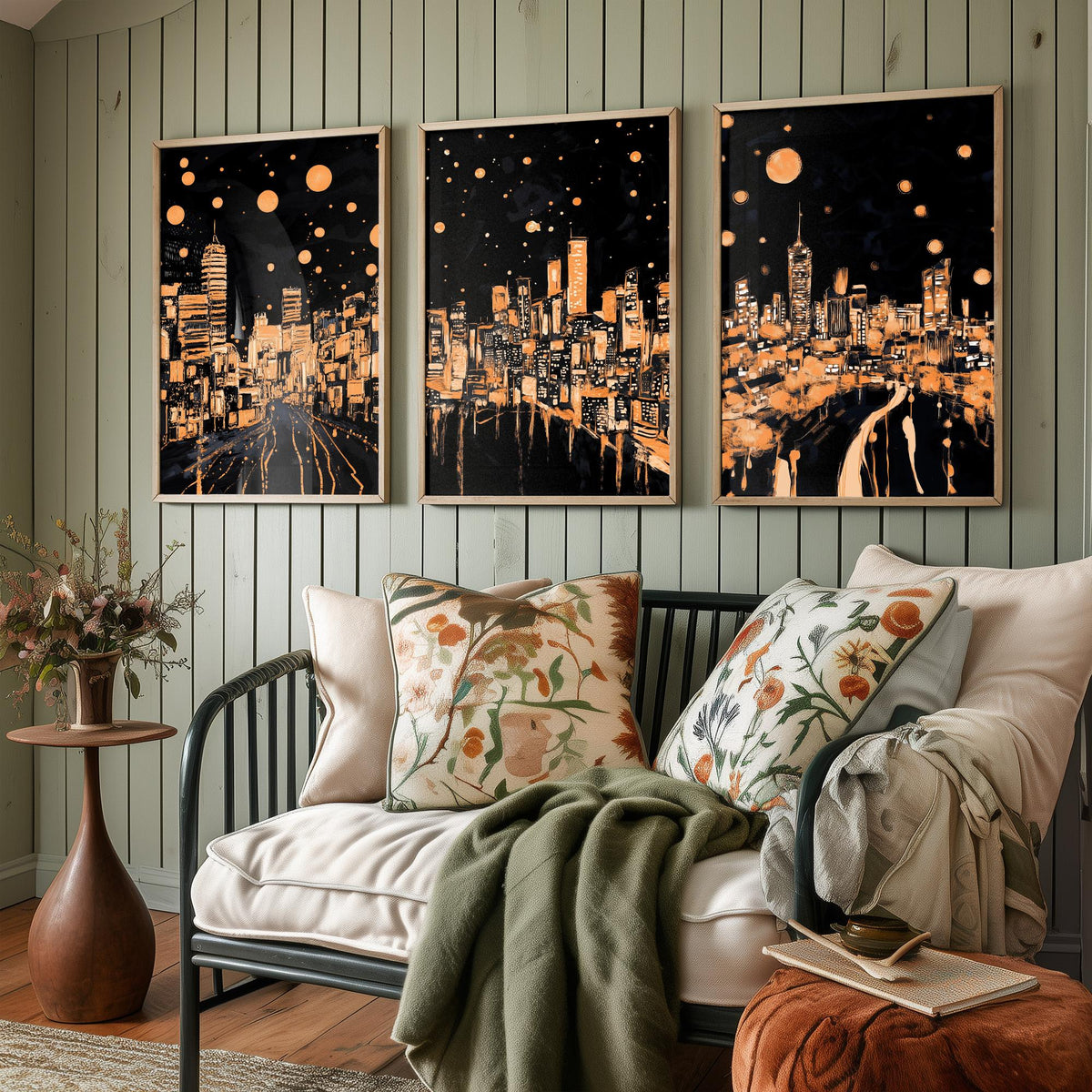 Wales City Set of Three Prints | Swansea Cardiff Wrexham | Dark Orange Night Skyline Wall Art Painting Poster