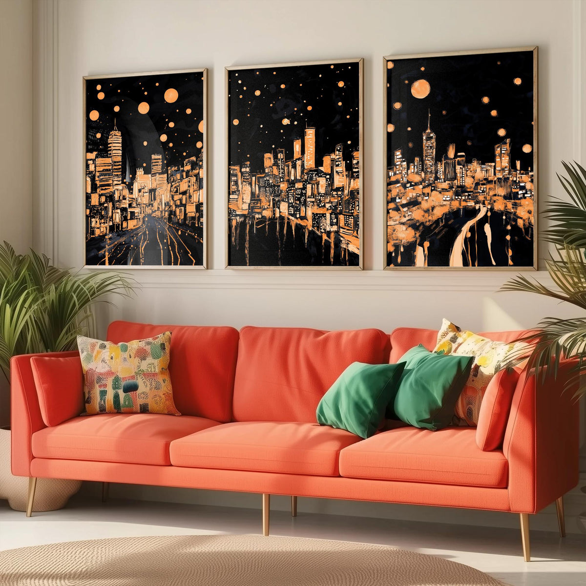 Wales City Set of Three Prints | Swansea Cardiff Wrexham | Dark Orange Night Skyline Wall Art Painting Poster
