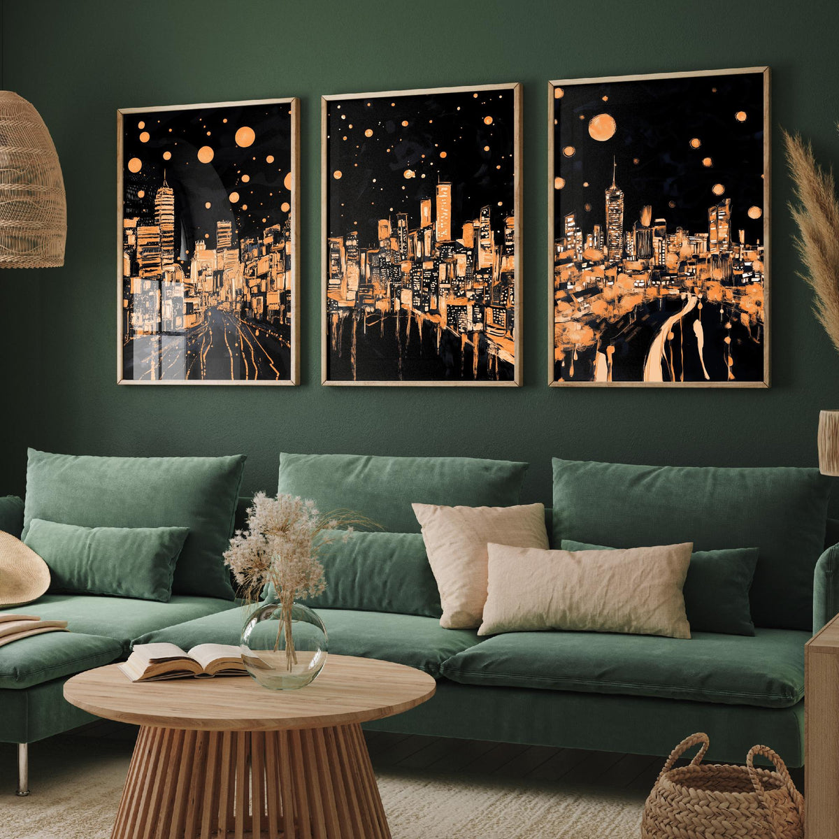 Wales City Set of Three Prints | Swansea Cardiff Wrexham | Dark Orange Night Skyline Wall Art Painting Poster