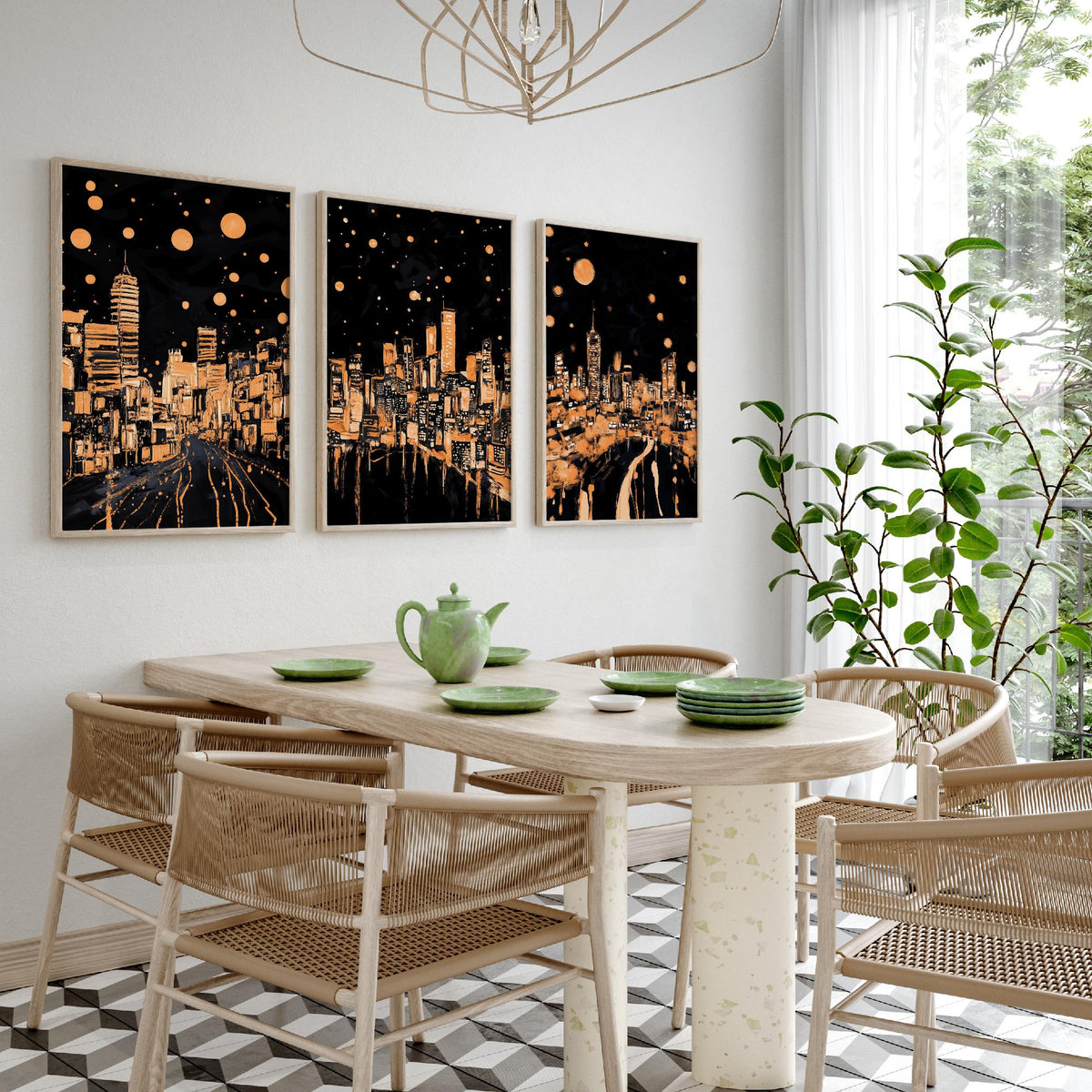 Wales City Set of Three Prints | Swansea Cardiff Wrexham | Dark Orange Night Skyline Wall Art Painting Poster