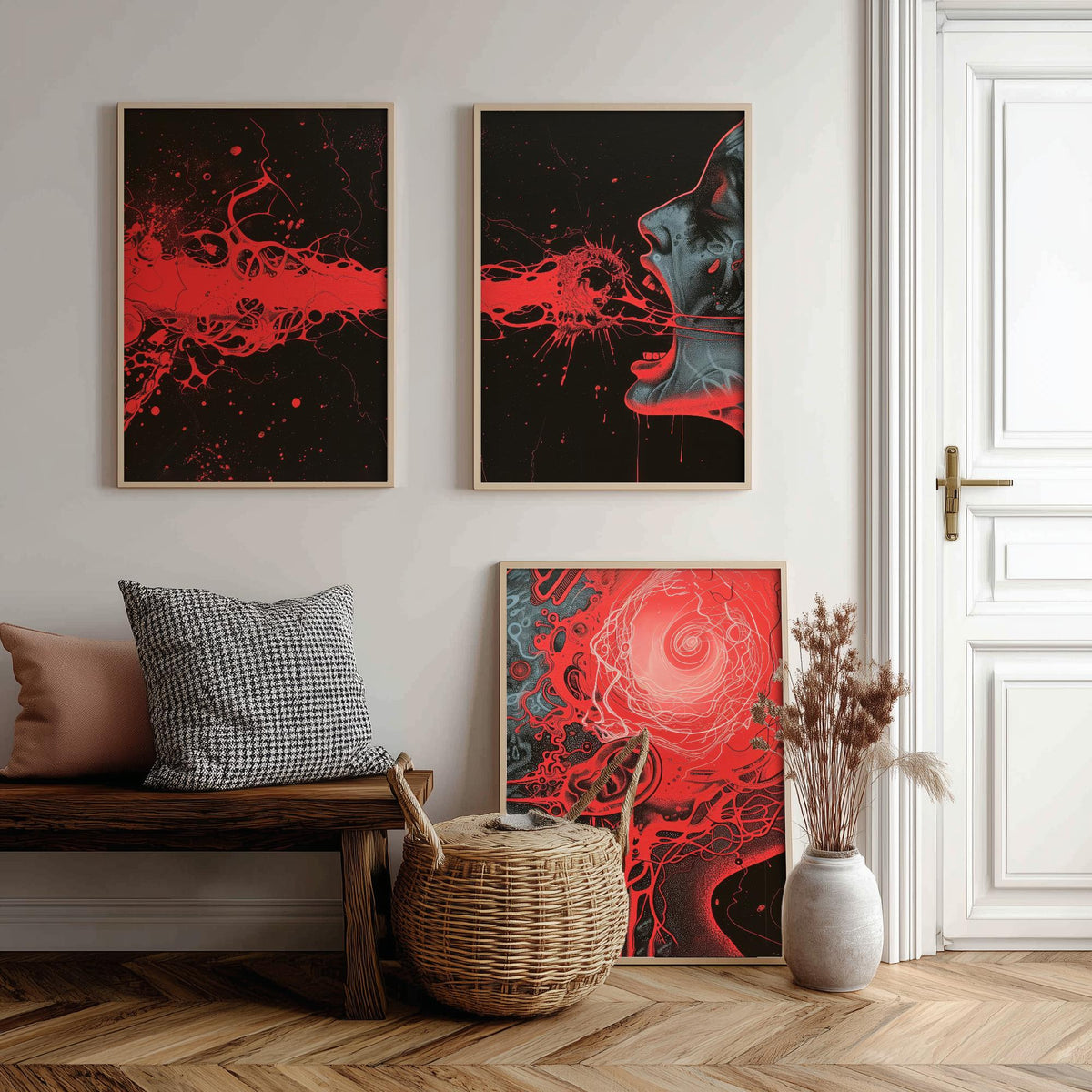 Dark Side of the Brain Set of Three Prints - Surreal Red Anatomy Triptych - Psychedelic Head Poster Wall Art Illustration