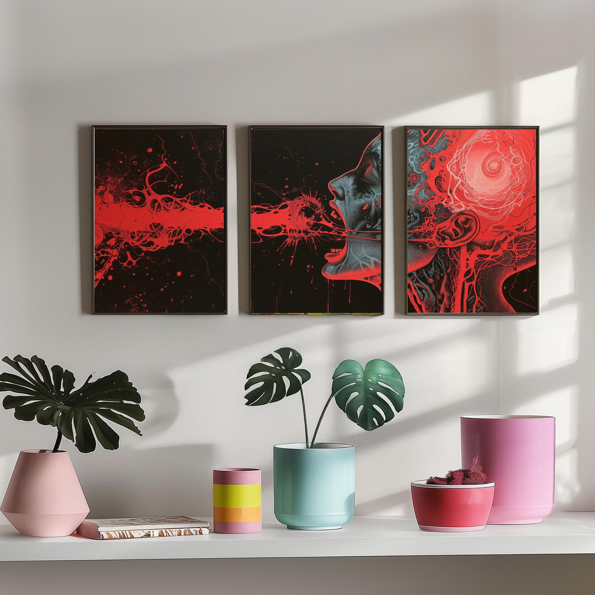 Dark Side of the Brain Set of Three Prints - Surreal Red Anatomy Triptych - Psychedelic Head Poster Wall Art Illustration