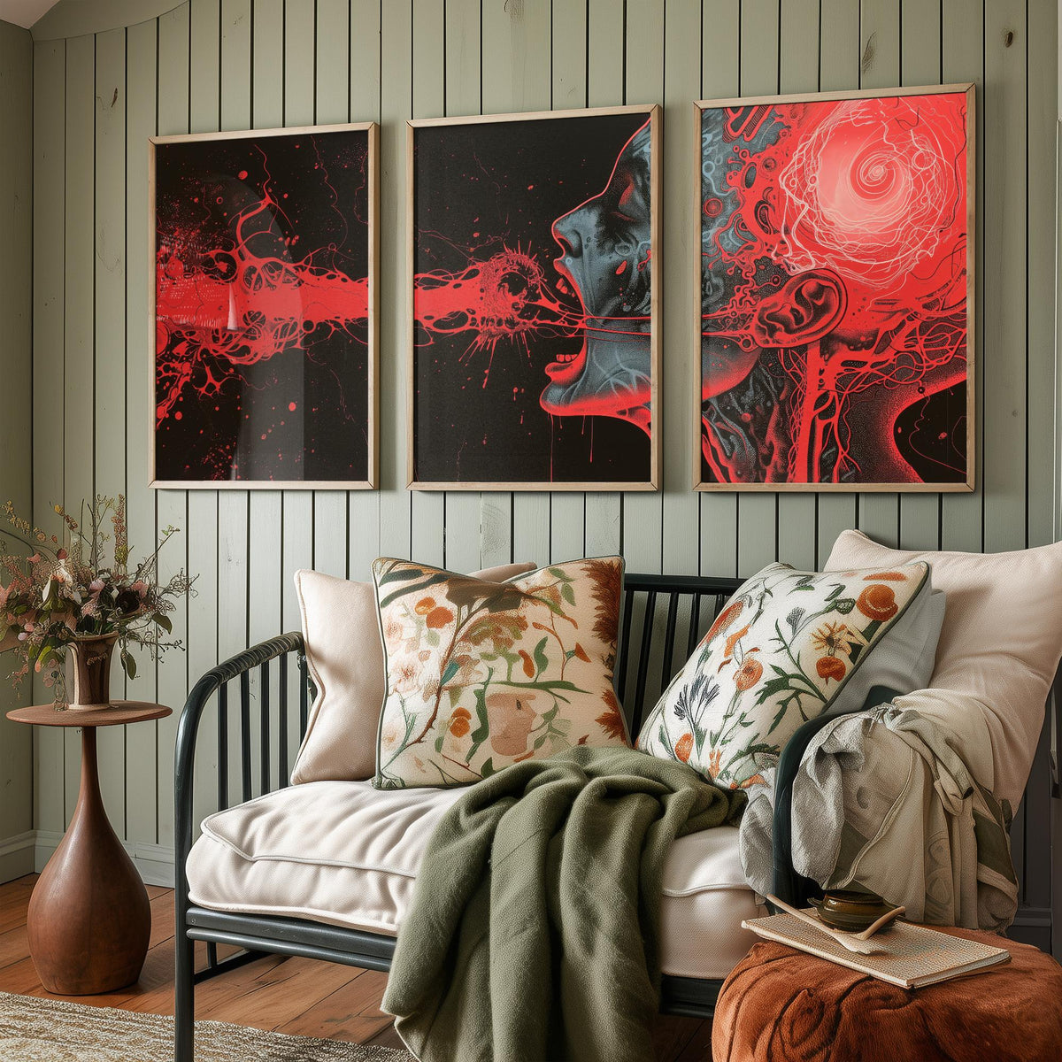 Dark Side of the Brain Set of Three Prints - Surreal Red Anatomy Triptych - Psychedelic Head Poster Wall Art Illustration