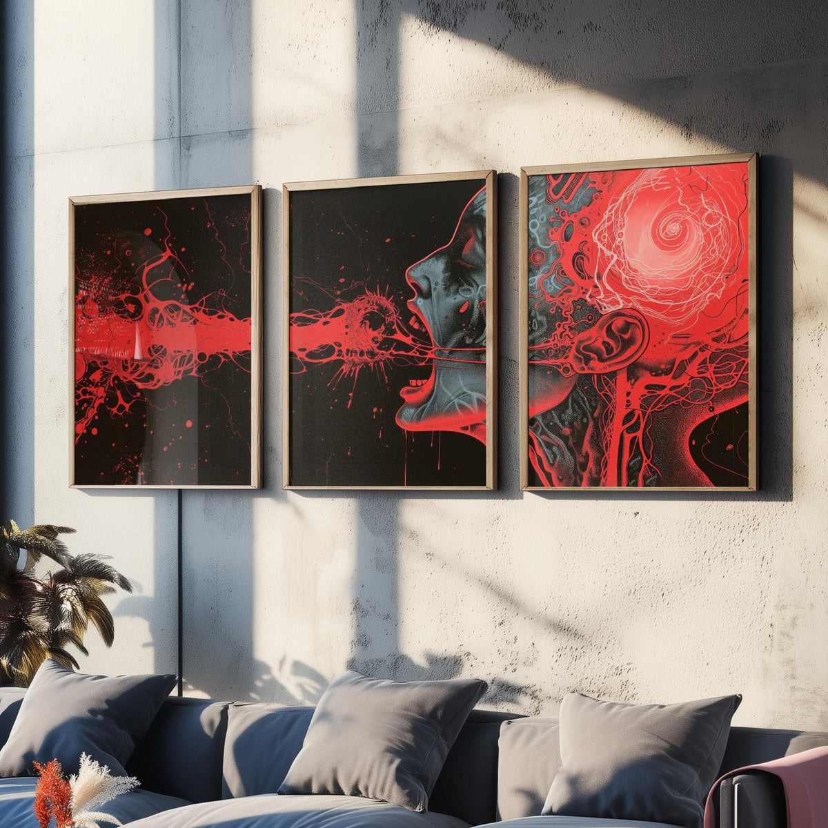Dark Side of the Brain Set of Three Prints - Surreal Red Anatomy Triptych - Psychedelic Head Poster Wall Art Illustration