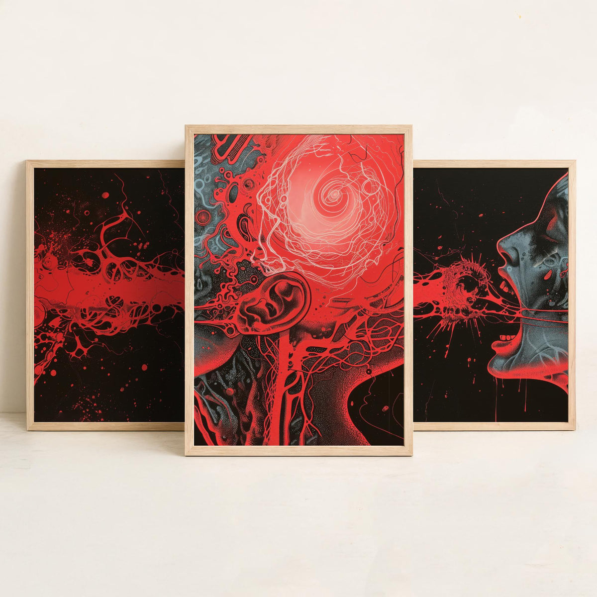 Dark Side of the Brain Set of Three Prints - Surreal Red Anatomy Triptych - Psychedelic Head Poster Wall Art Illustration