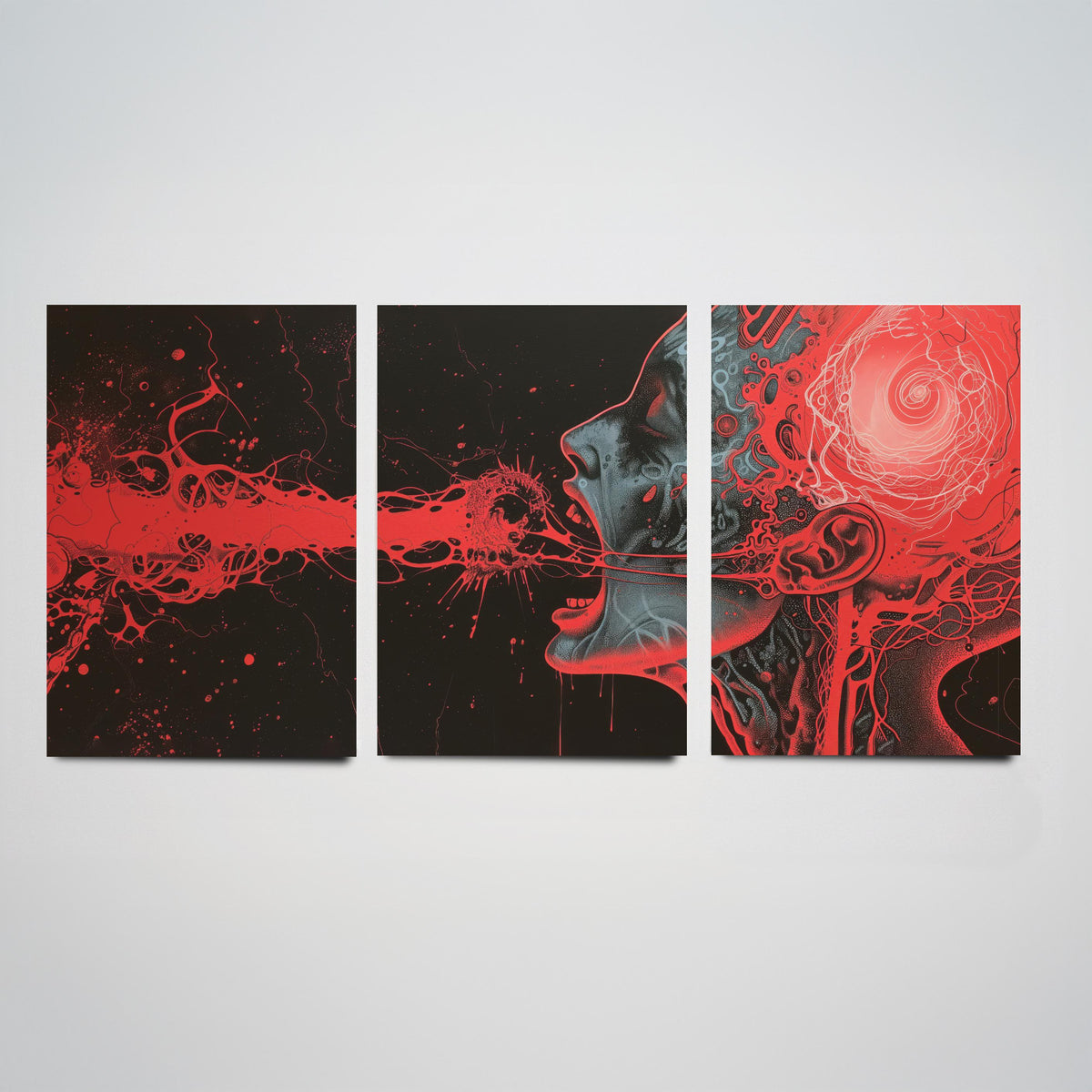 Dark Side of the Brain Set of Three Prints - Surreal Red Anatomy Triptych - Psychedelic Head Poster Wall Art Illustration