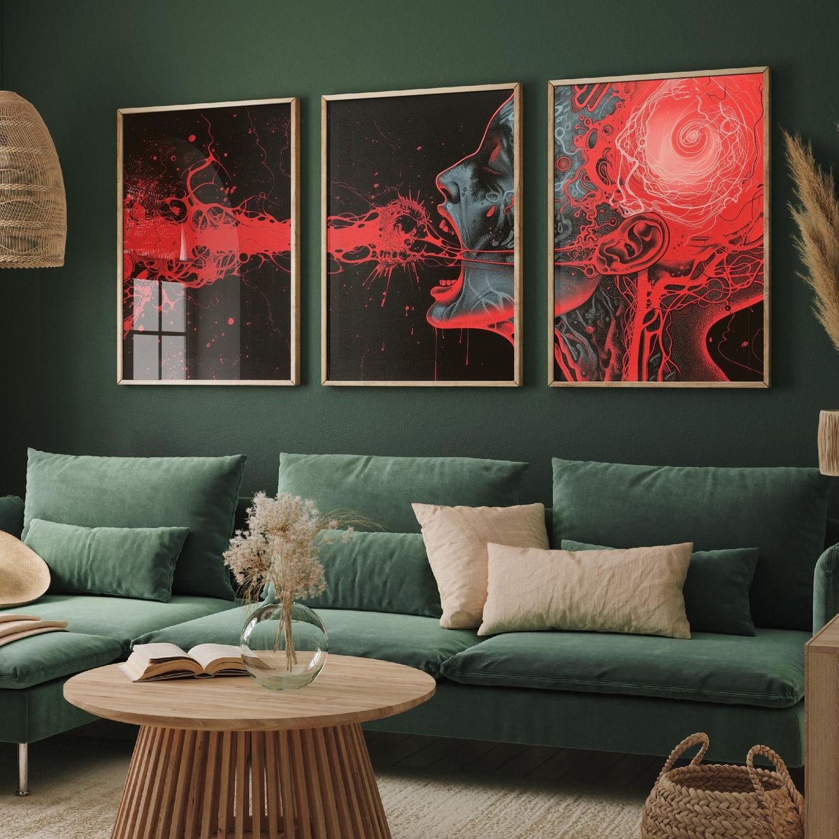 Dark Side of the Brain Set of Three Prints - Surreal Red Anatomy Triptych - Psychedelic Head Poster Wall Art Illustration