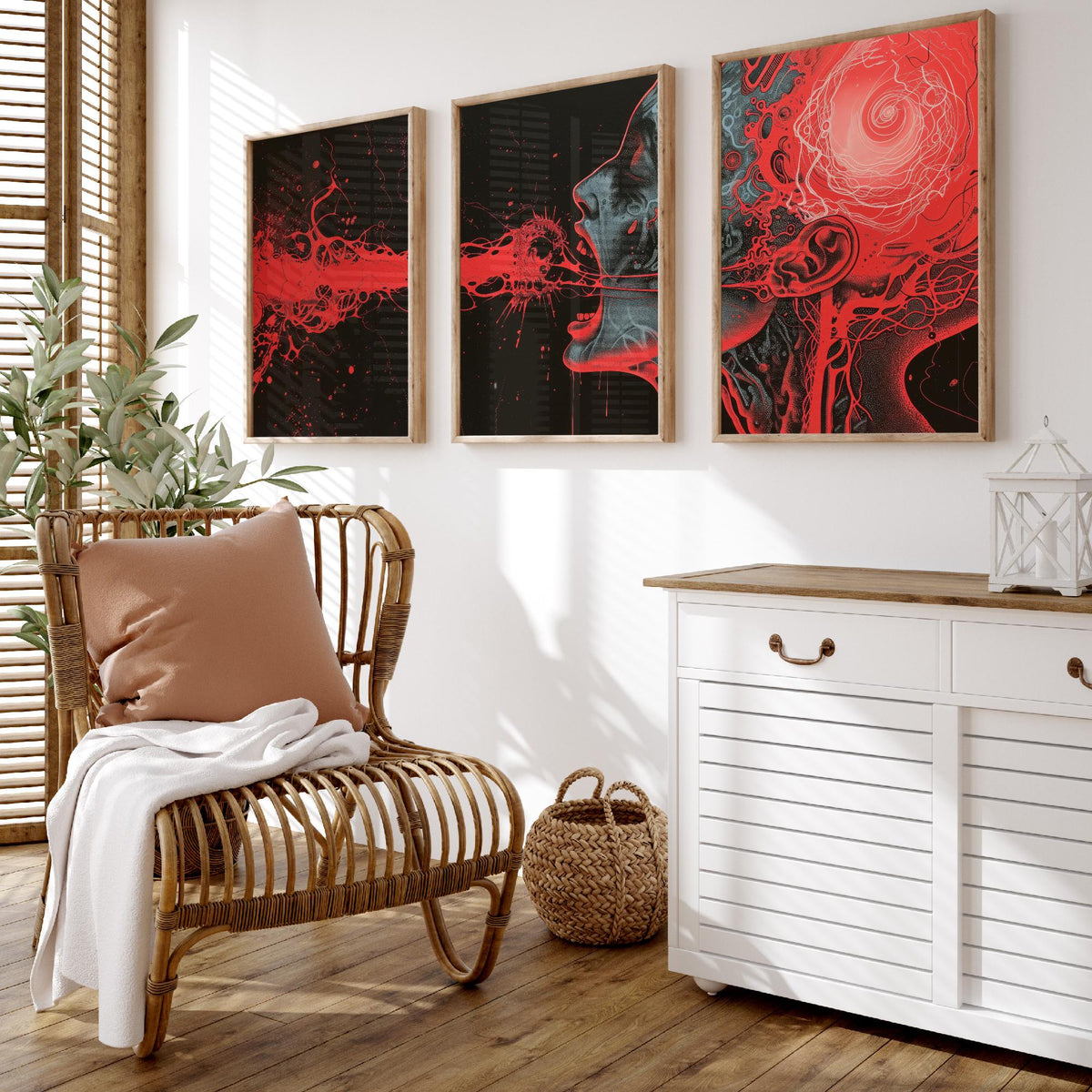 Dark Side of the Brain Set of Three Prints - Surreal Red Anatomy Triptych - Psychedelic Head Poster Wall Art Illustration