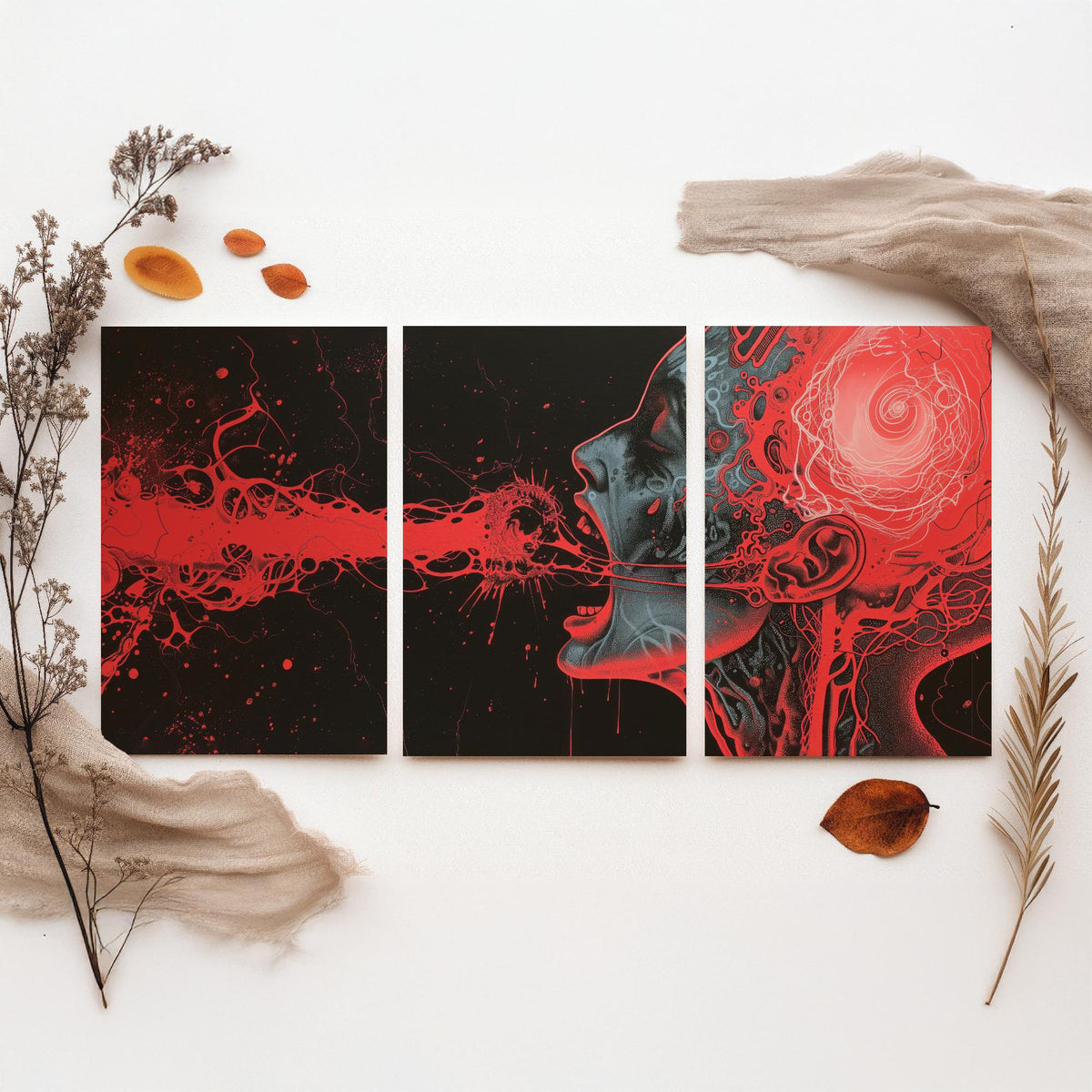 Dark Side of the Brain Set of Three Prints - Surreal Red Anatomy Triptych - Psychedelic Head Poster Wall Art Illustration