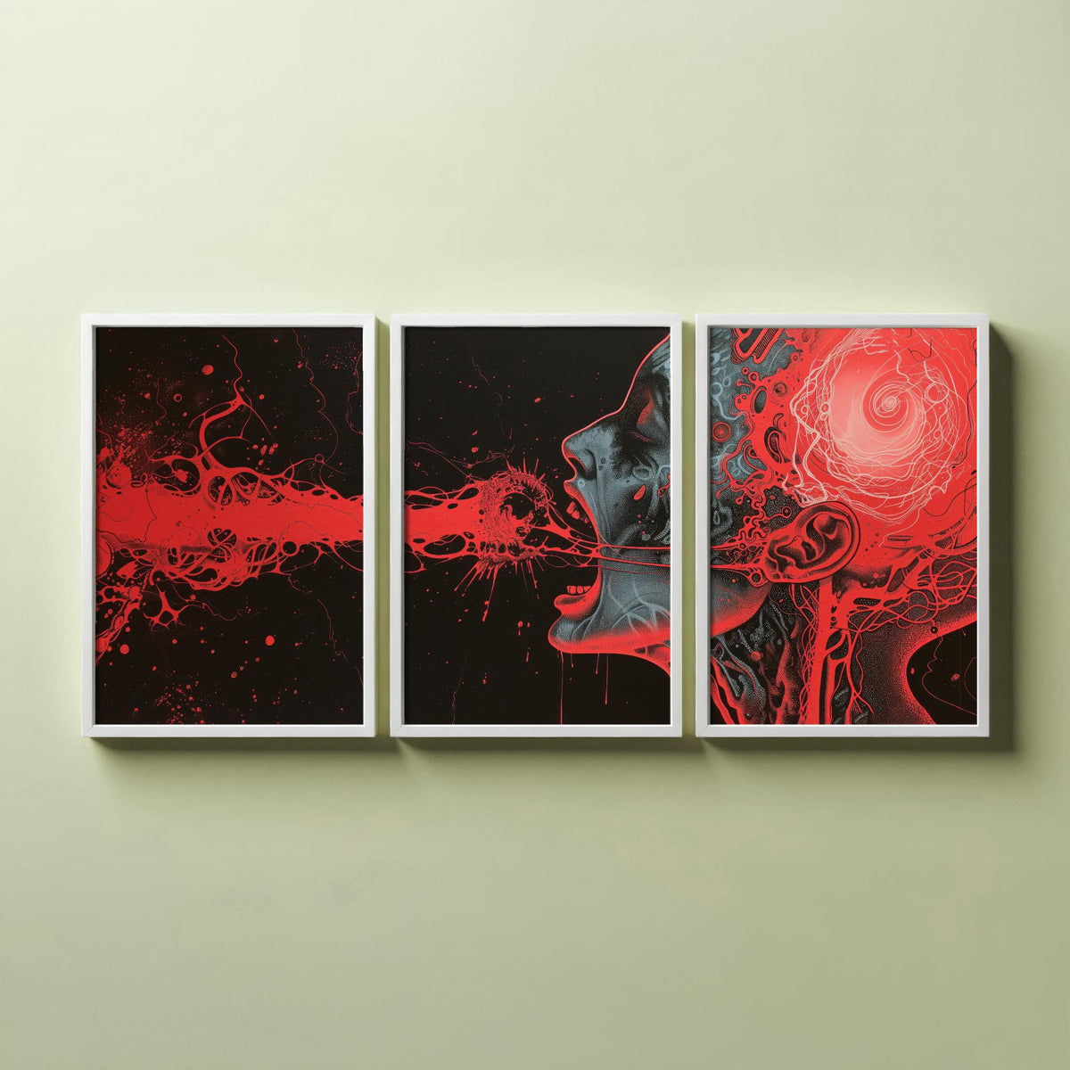Dark Side of the Brain Set of Three Prints - Surreal Red Anatomy Triptych - Psychedelic Head Poster Wall Art Illustration