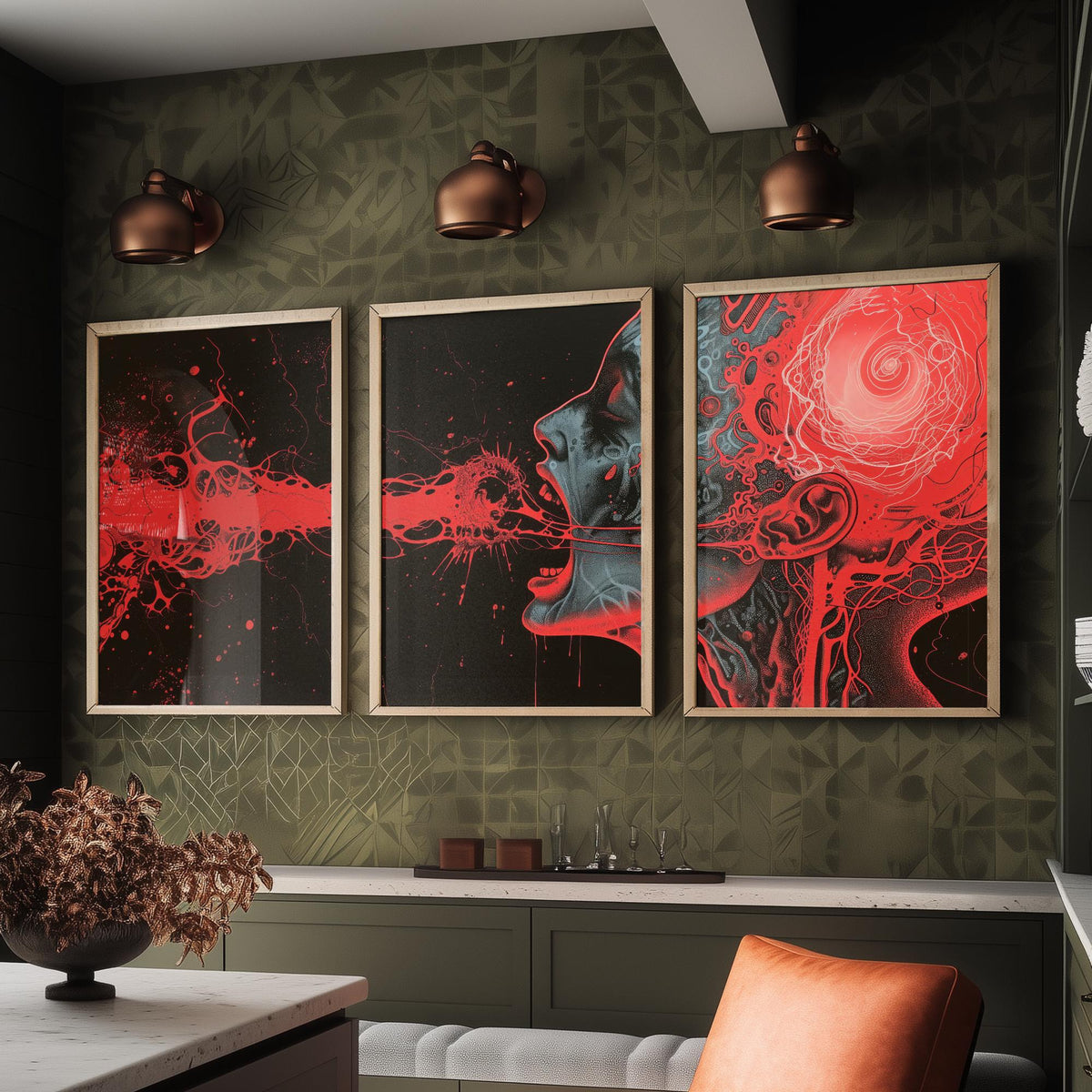 Dark Side of the Brain Set of Three Prints - Surreal Red Anatomy Triptych - Psychedelic Head Poster Wall Art Illustration