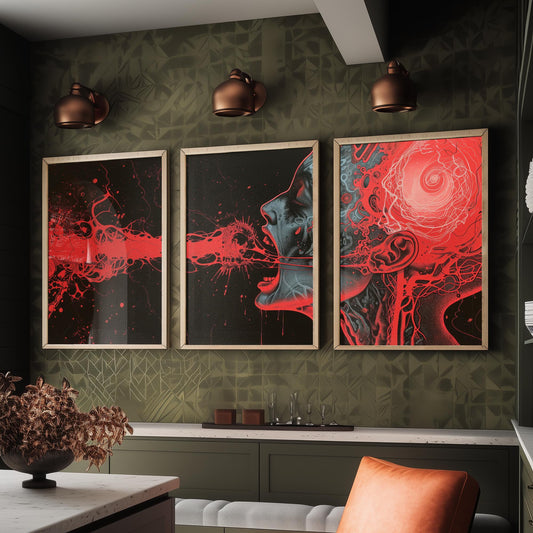 Dark Side of the Brain Set of Three Prints - Surreal Red Anatomy Triptych - Psychedelic Head Poster Wall Art Illustration
