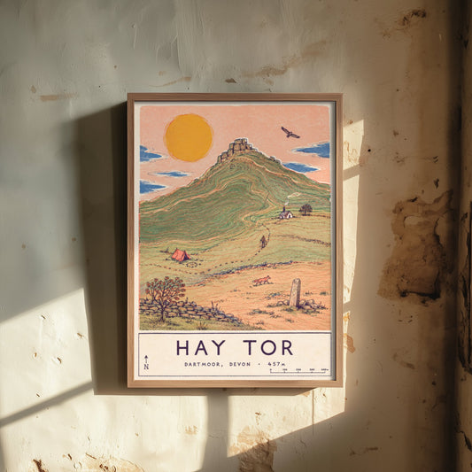 Hay Tor Dartmoor Travel Poster - Devon Moorland Art Print - Vintage Illustration - Granite Tor Hiking Visit 1/3