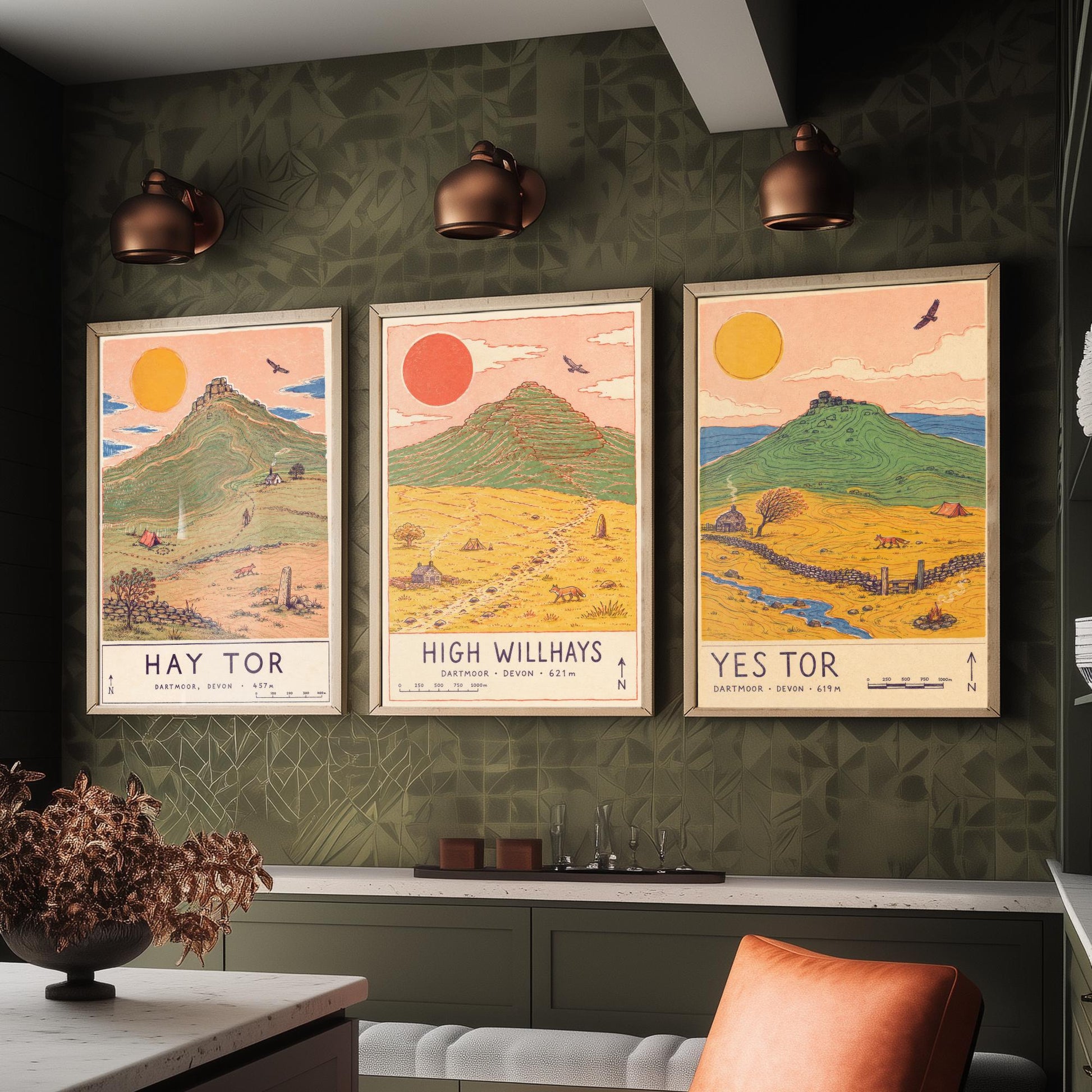 Dartmoor Set of Three Travel Posters - Hay Tor, High Willhays, Yes Tor - Devon Art Print Illustration Gift Hiking Decor