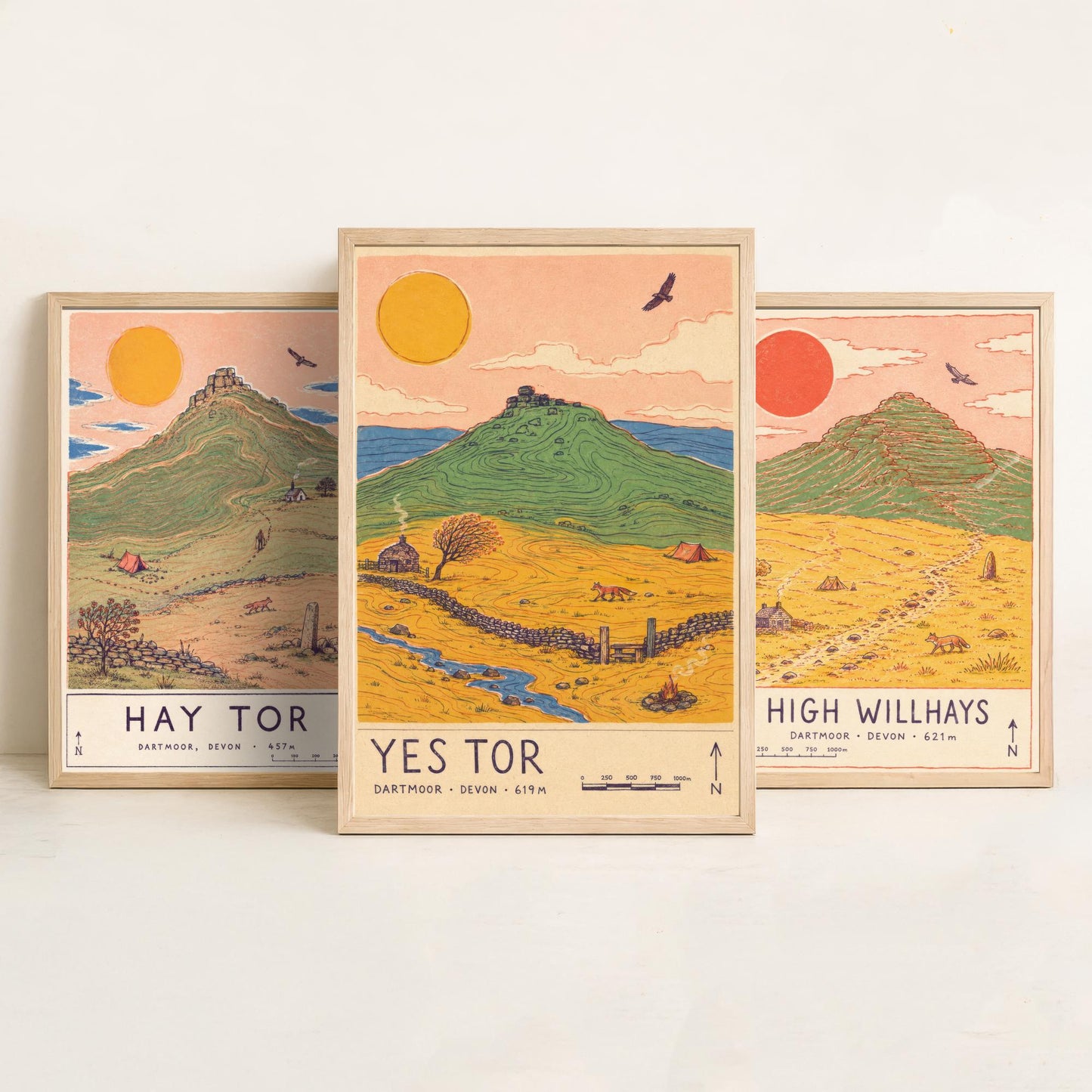Dartmoor Set of Three Travel Posters - Hay Tor, High Willhays, Yes Tor - Devon Art Print Illustration Gift Hiking Decor