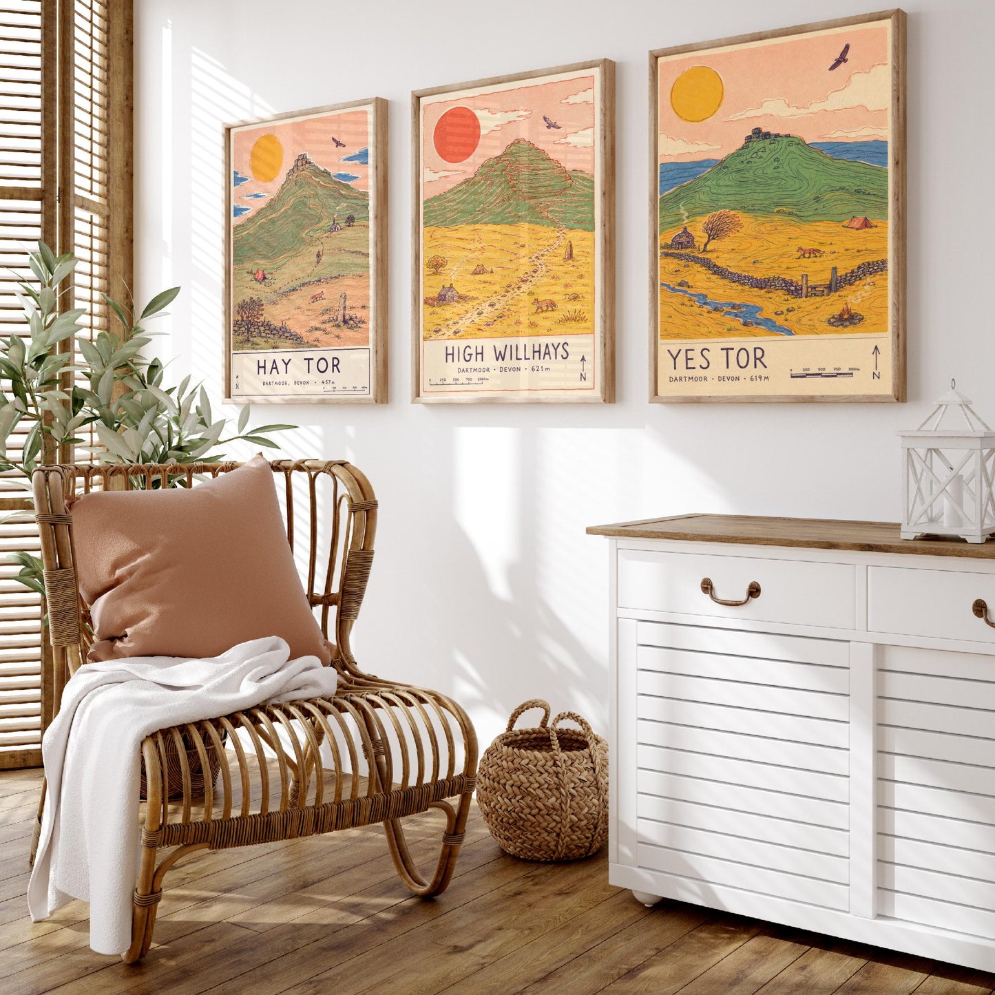 Dartmoor Set of Three Travel Posters - Hay Tor, High Willhays, Yes Tor - Devon Art Print Illustration Gift Hiking Decor