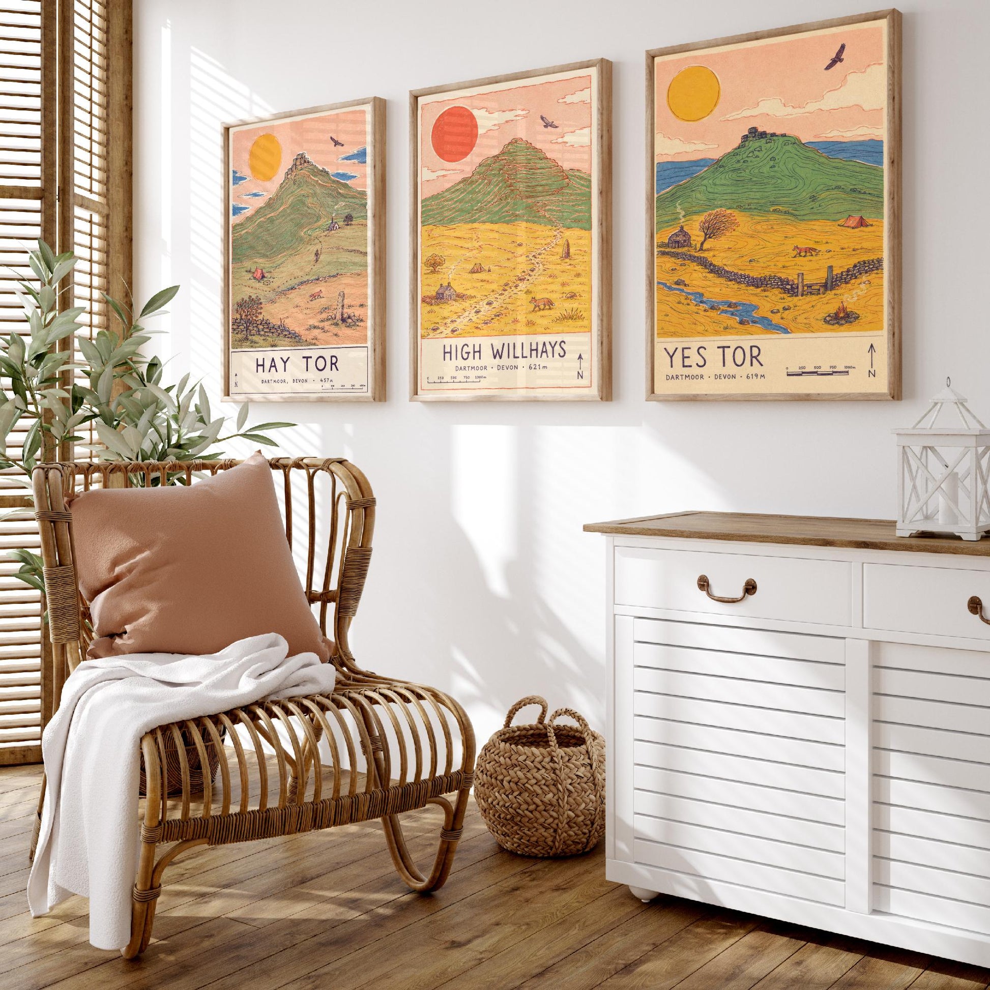Dartmoor Set of Three Travel Posters - Hay Tor, High Willhays, Yes Tor - Devon Art Print Illustration Gift Hiking Decor