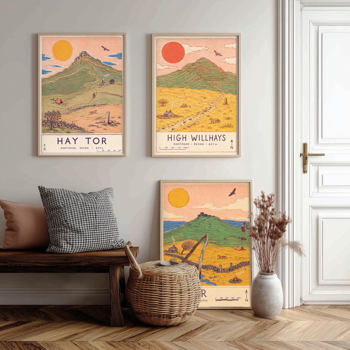 Dartmoor Set of Three Travel Posters - Hay Tor, High Willhays, Yes Tor - Devon Art Print Illustration Gift Hiking Decor