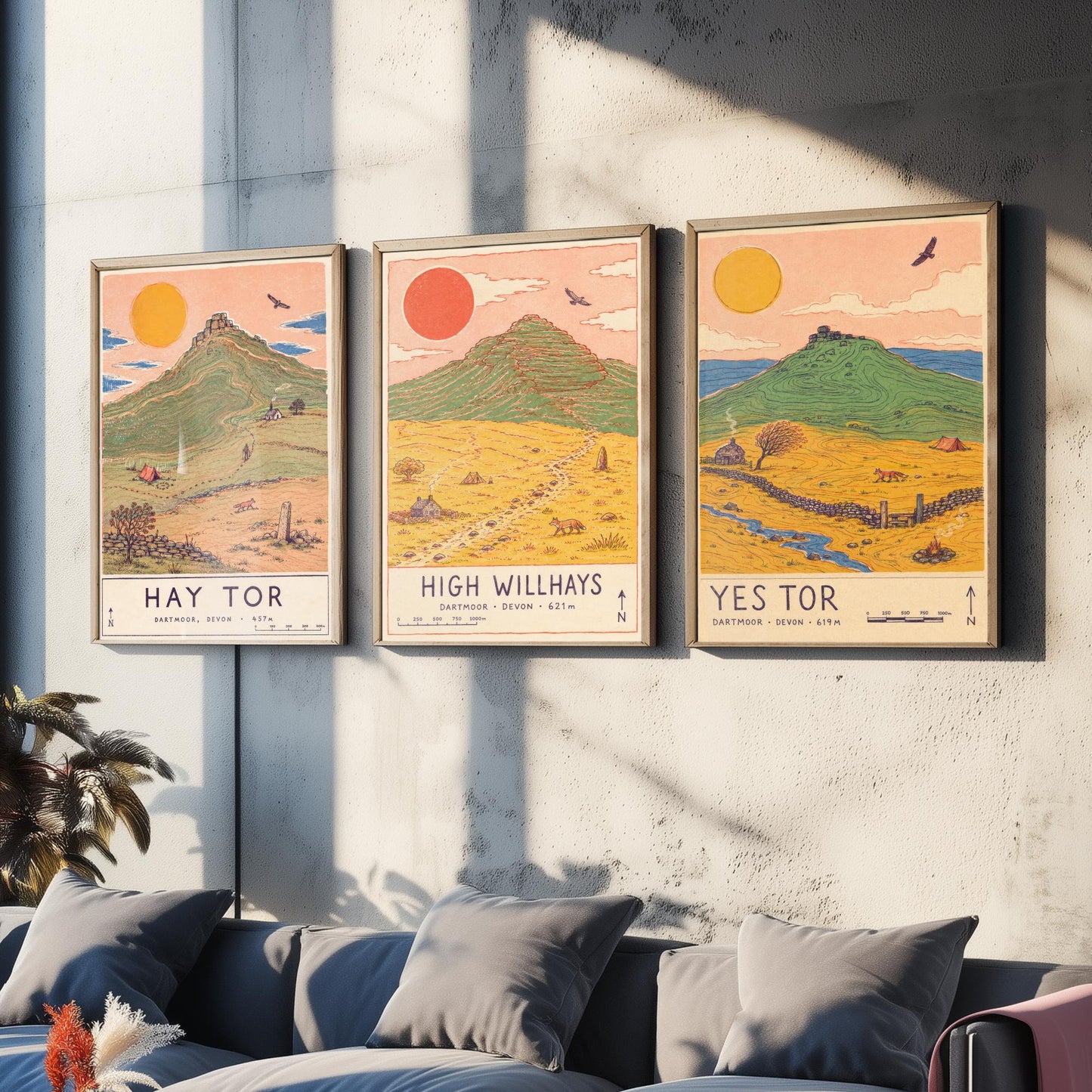 Dartmoor Set of Three Travel Posters - Hay Tor, High Willhays, Yes Tor - Devon Art Print Illustration Gift Hiking Decor
